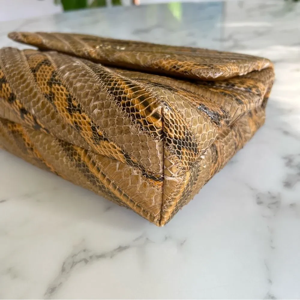 Tory Burch Kira Chevron Exotic Snakeskin Leather Convertible Shoulder Bag Tan
